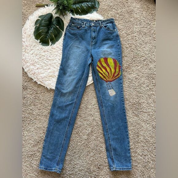 Boohoo Blue Hand Painted Yellow Red Hot Air Balloon Straight Leg Blue Jean Sz 6 - Picture 1 of 16